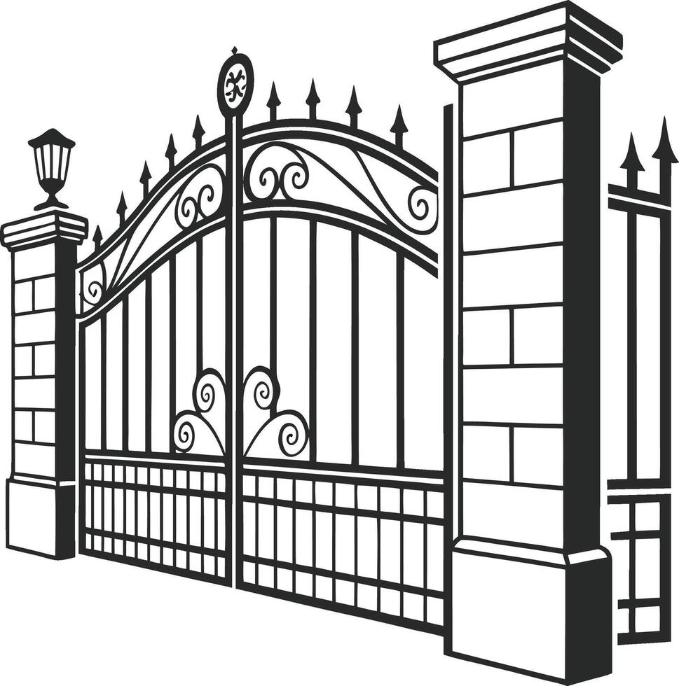 Ornate Wrought Iron Gate with Stone Pillars and decorative side fencing design style vector