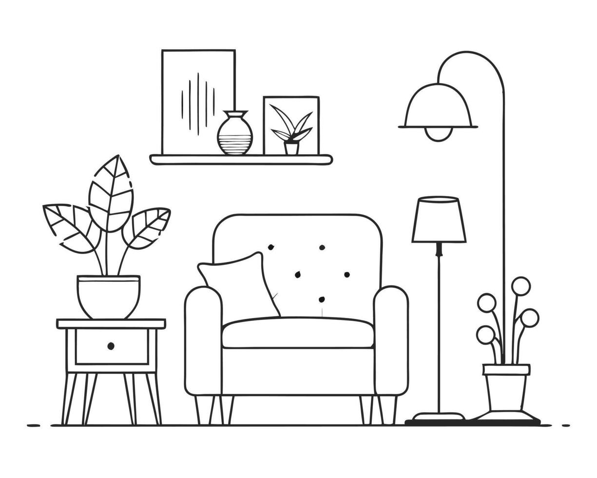 Cozy Living Room Illustration Armchair, Lamp, and Houseplant vector