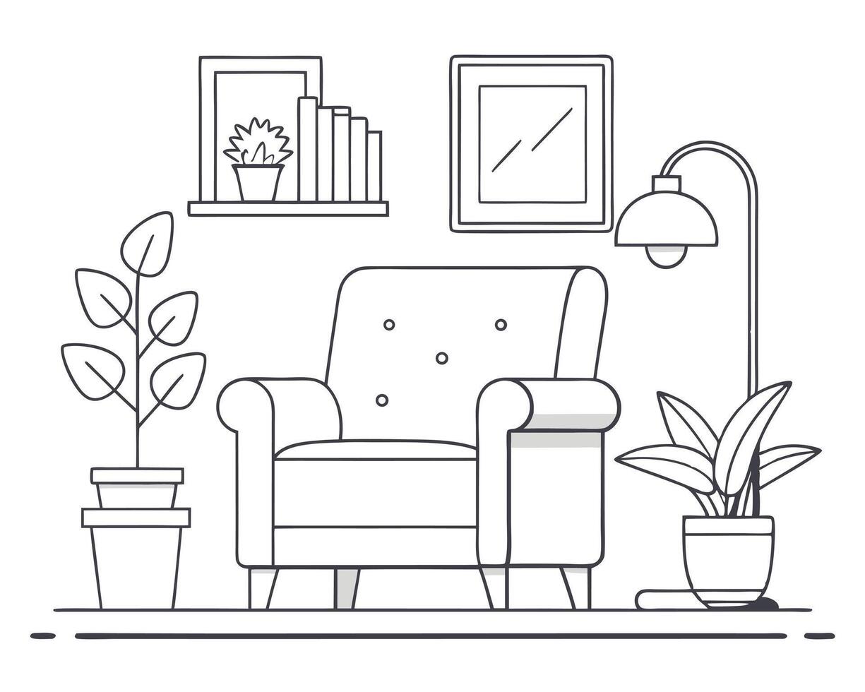 Cozy Living Room Illustration Armchair, Lamp, and Plants outline illustration. vector