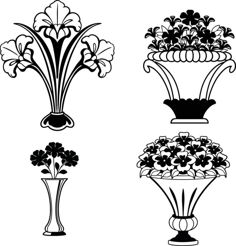 Elegant Black and White Floral Arrangements in Ornate Vases silhouette. vector