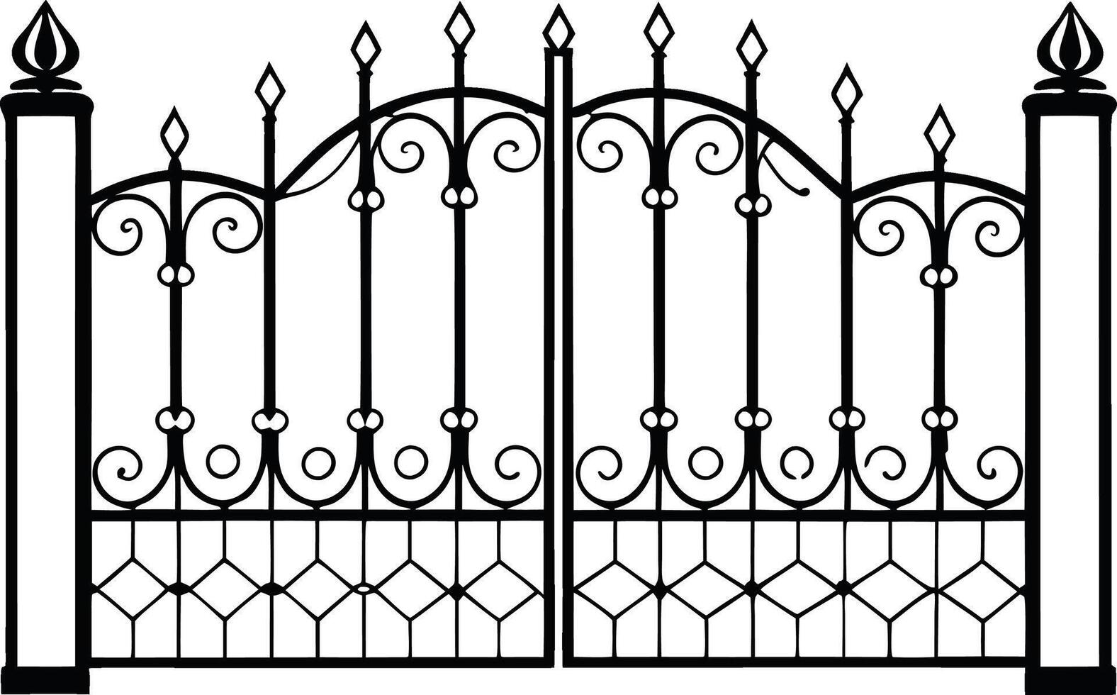 Ornate Black Metal Gate with Decorative Scrollwork decorative fence silhouette vector