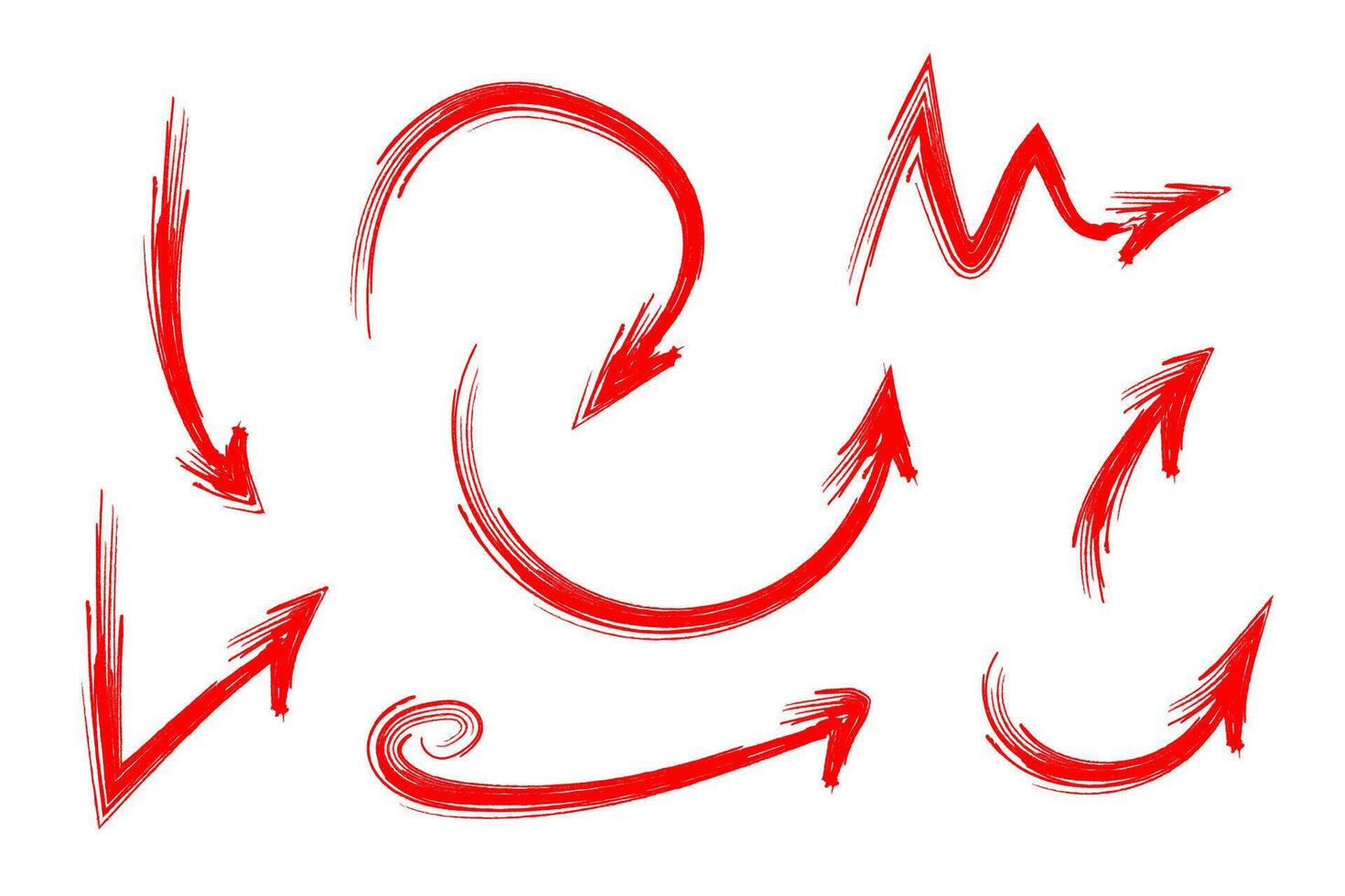 Hand drawn Red Grunge Arrows Set. Brush Stroke Directional Elements Collection. Doodles, swirls, zig zags. Perfect for infographics, user interface elements, presentations, highlight design, or vector
