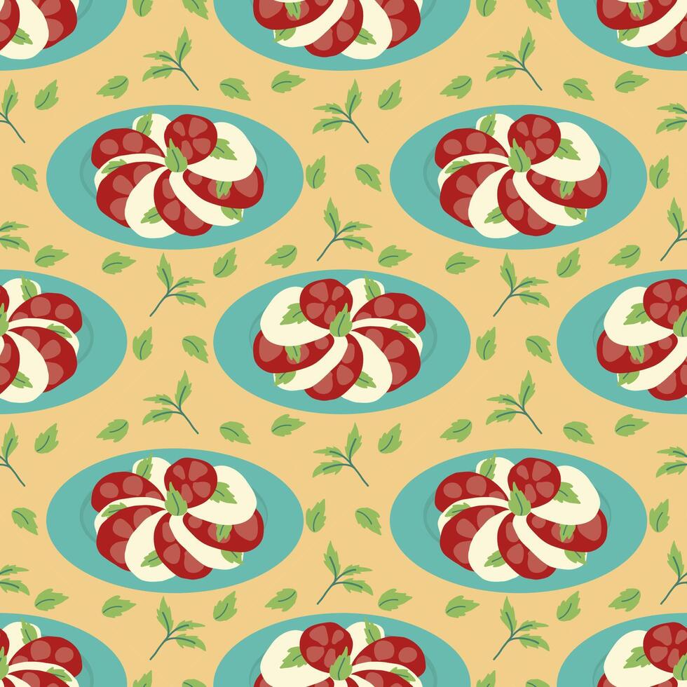 Seamless food pattern. Caprese salad in plates. Hand drawn food on yellow background. Colorful combination for fabric, textiles, clothing, wrapping paper, cover, banner, home decor. vector