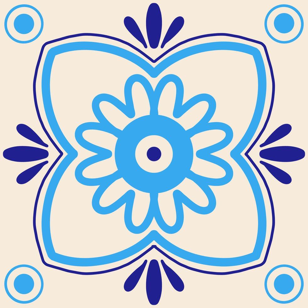 Mediterranean blue ceramic tile illustration. Azulejo arabesque. Portuguese, Spanish, Turkish, Indian, Islamic, Arabic decor. Traditional national ornament vector