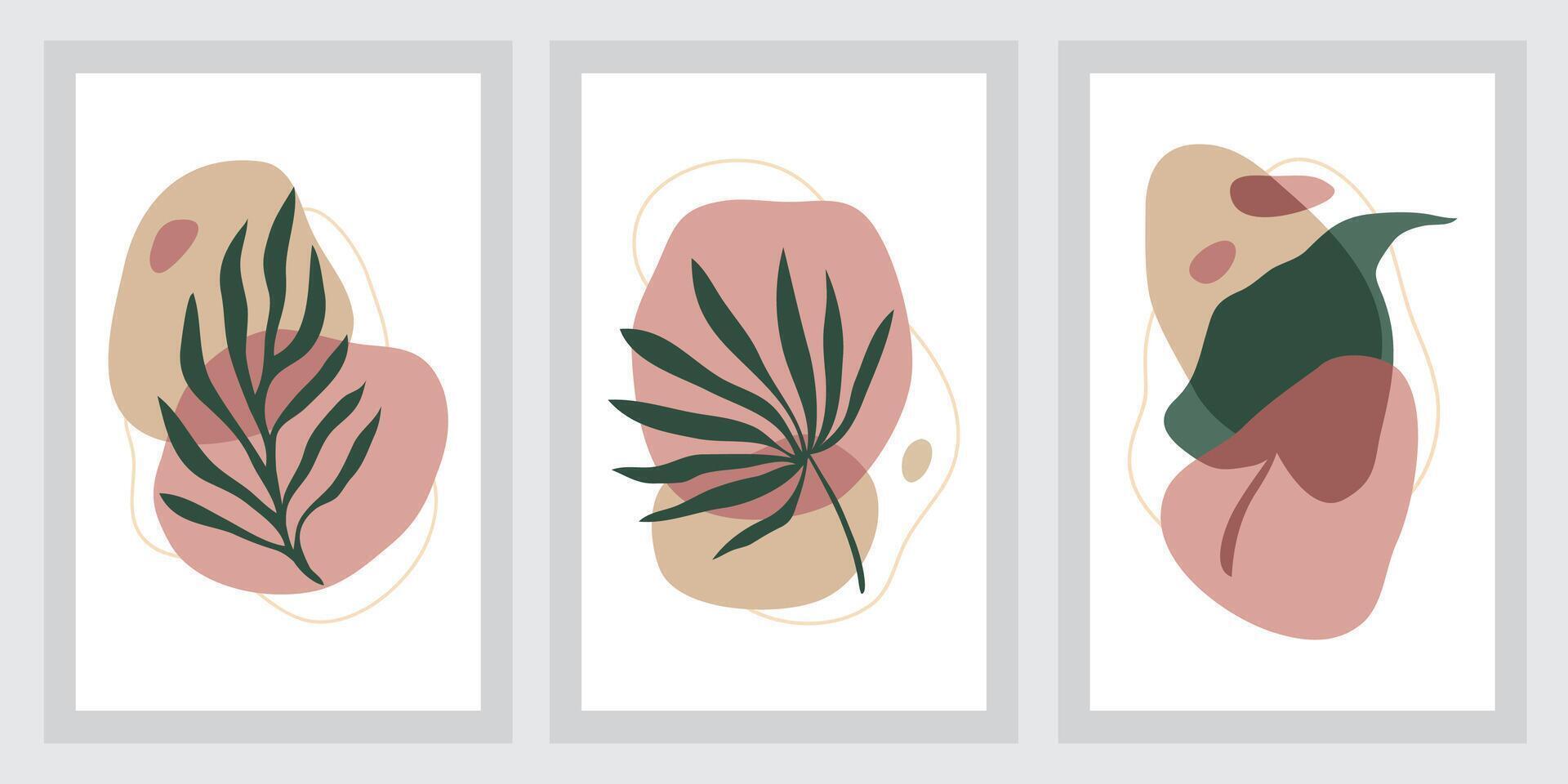 Contemporary art poster collection in pastel colors. Abstract paper cut geometric elements and strokes, leaves and flowers. Great designs for social media, postcards and prints. vector