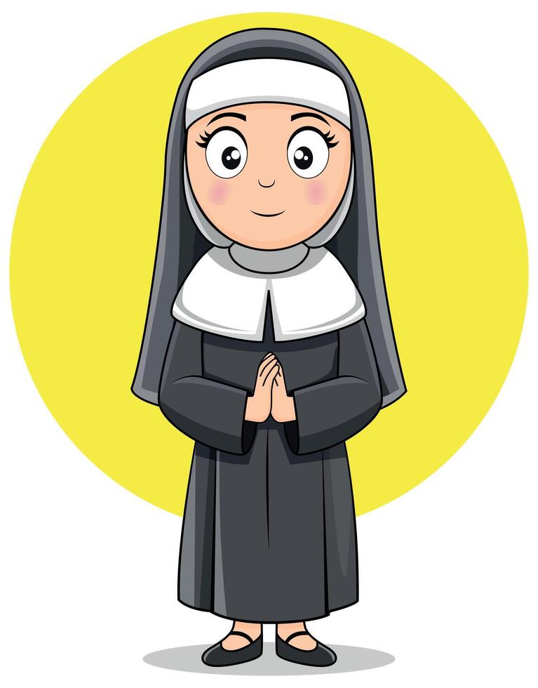 Cute Cartoon Nun Standing with Hands in Prayer on Yellow Background vector