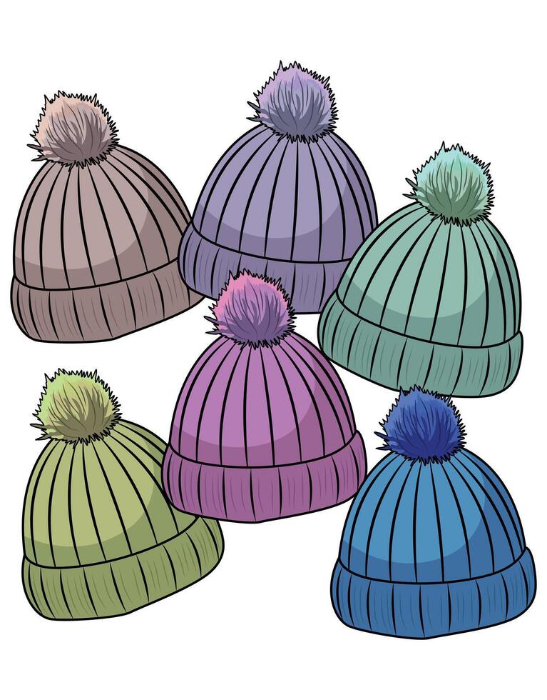 Colorful Knitted Winter Hats with Pom Poms on White Background vector