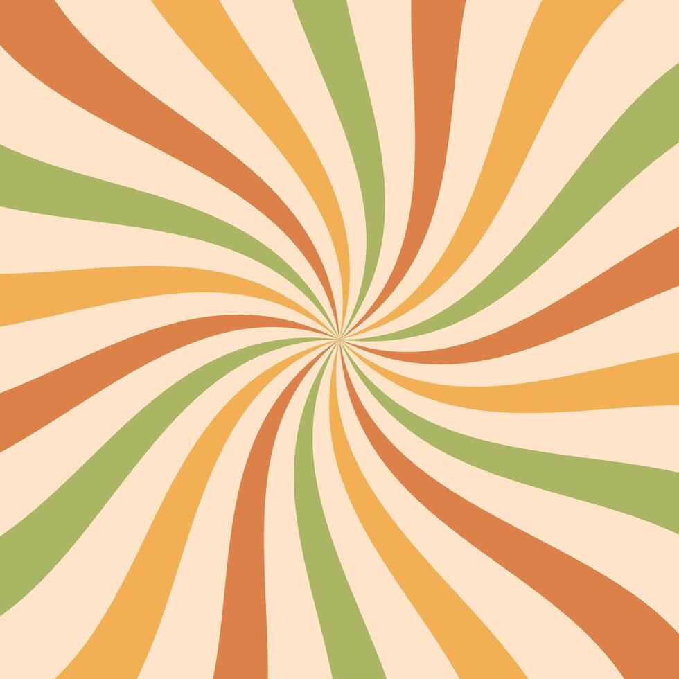 A retro spiral swirl background in warm vintage tones of orange, green, and yellow. Psychedelic groovy design inspired by 70s aesthetics, perfect for various designs, posters, print, banners. vector