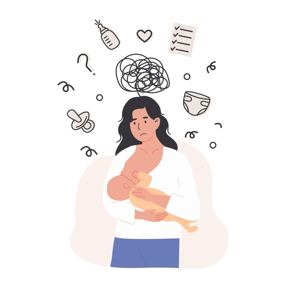 Overwhelmed new mother facing multiple responsibilities and mental load during postpartum recovery. Flat Style Illustration for maternal wellness, parenting blogs and perinatal support services vector