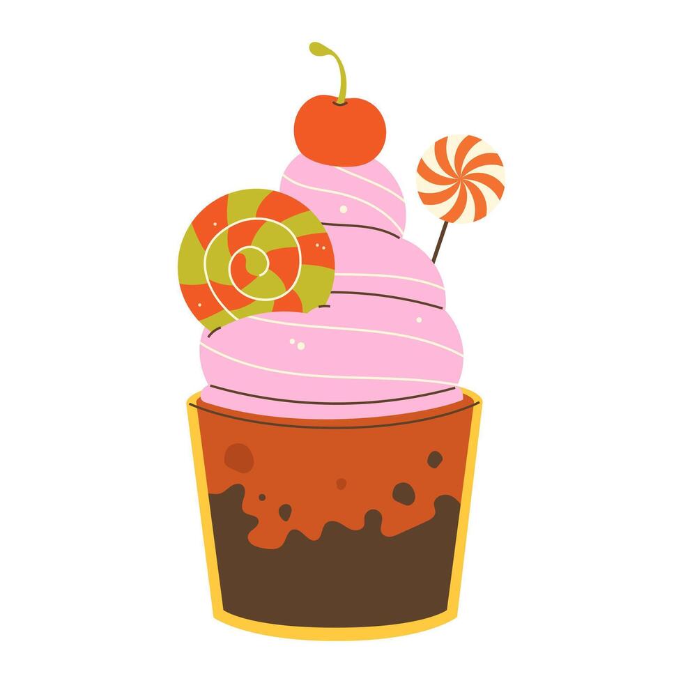 Halloween chocolate dessert with whipped cream, cherries, and candies vector