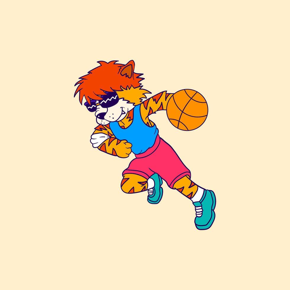 tiger play basketball cartoon illustration design vector