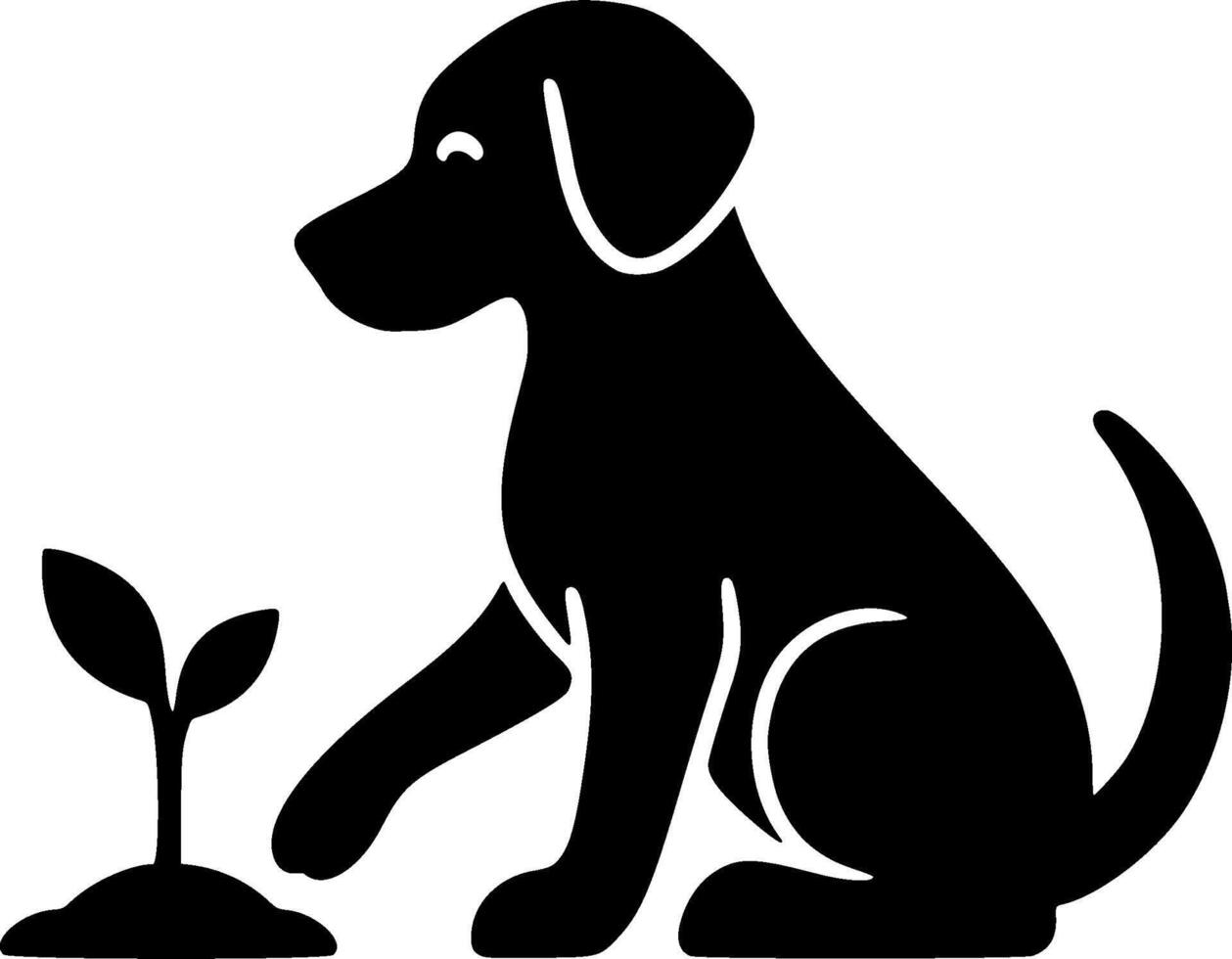 Dog planting young sapling, symbolizing loyalty and care for nature in a black and white silhouette design vector