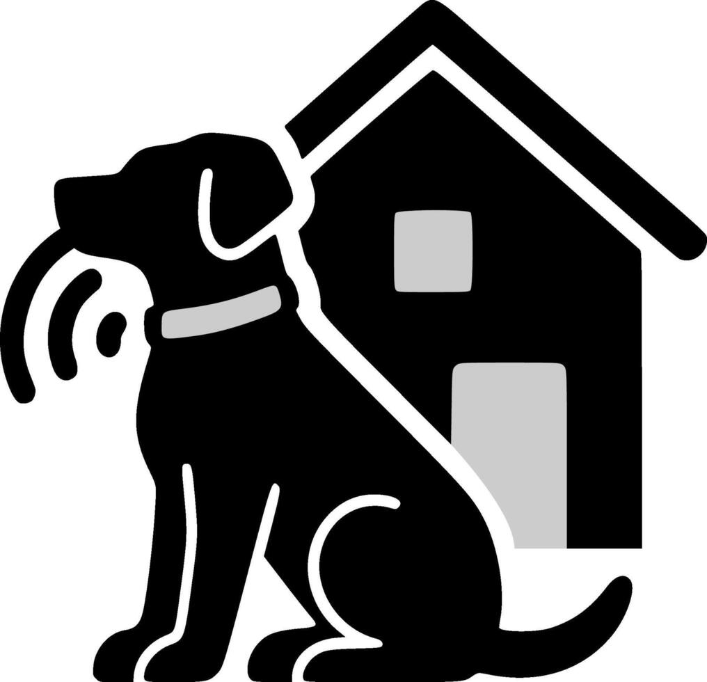 A simple silhouette illustration of a loyal dog sitting in front of a house with a smart collar, symbolizing smart home security vector