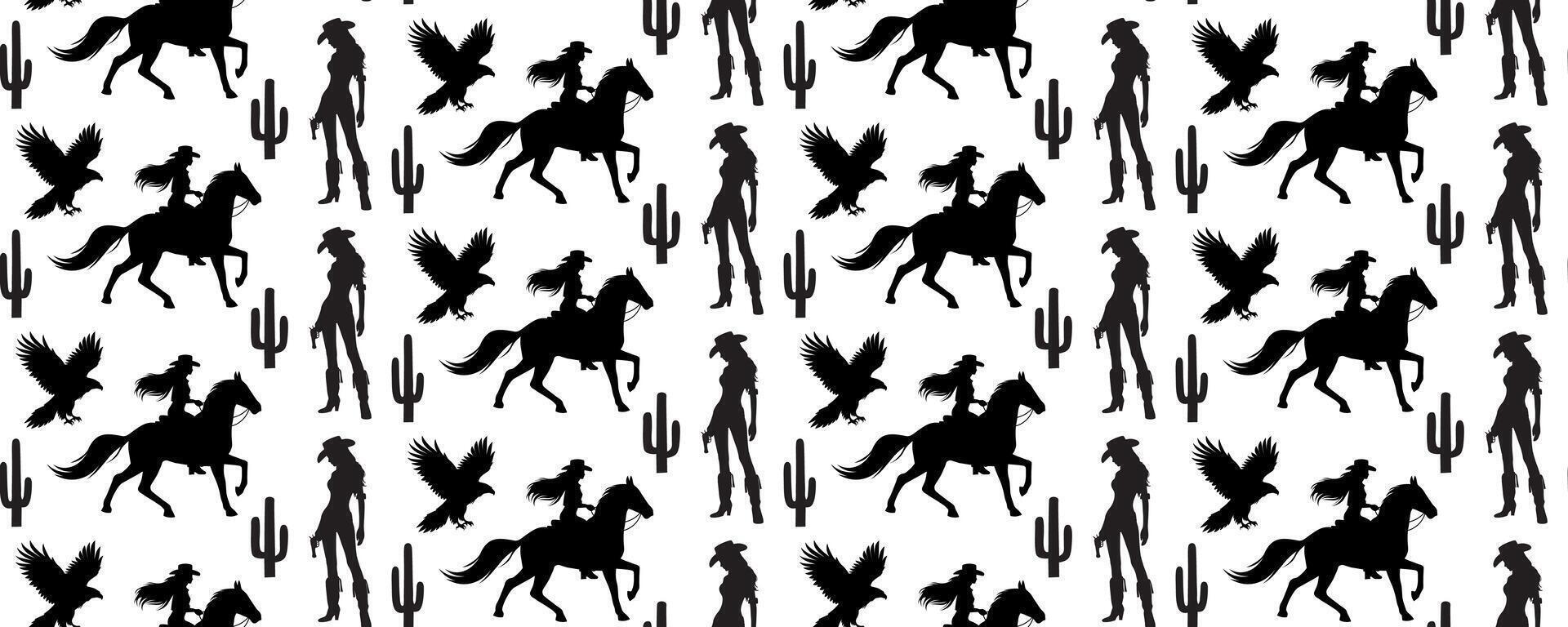 Seamless pattern silhouettes of a cowgirl, girl on horse, an eagle, cacti vector