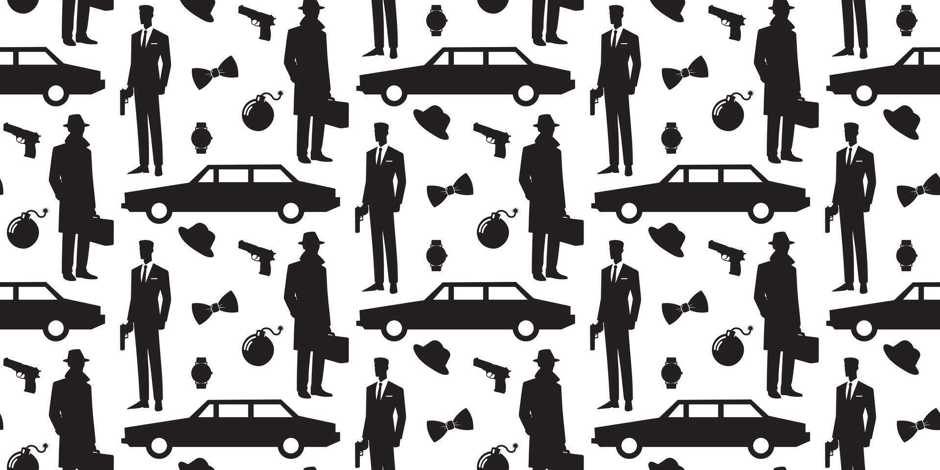 Seamless pattern Agent or spy silhouette, gun, car vector
