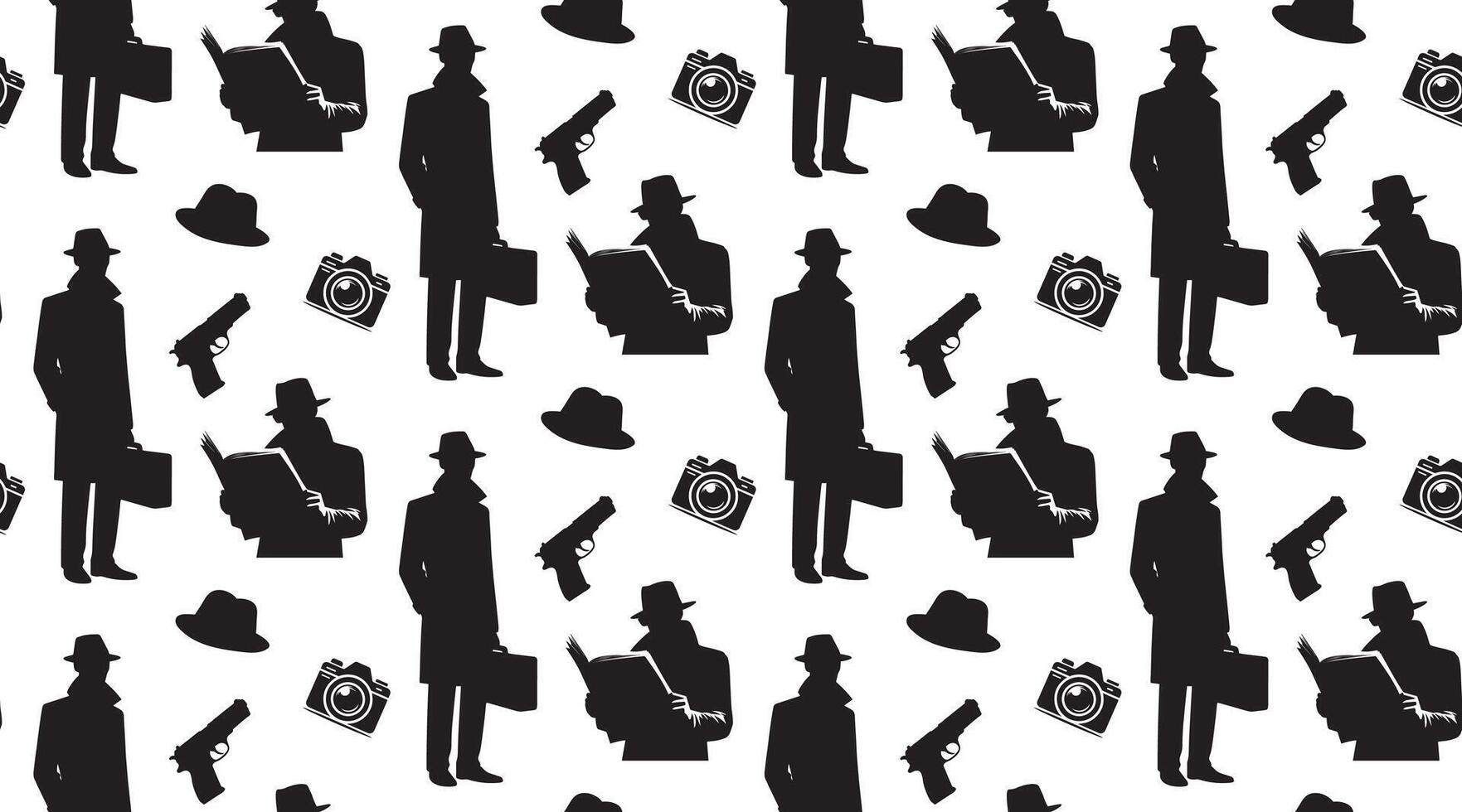Seamless pattern Agent or spy silhouette, gun, camera vector