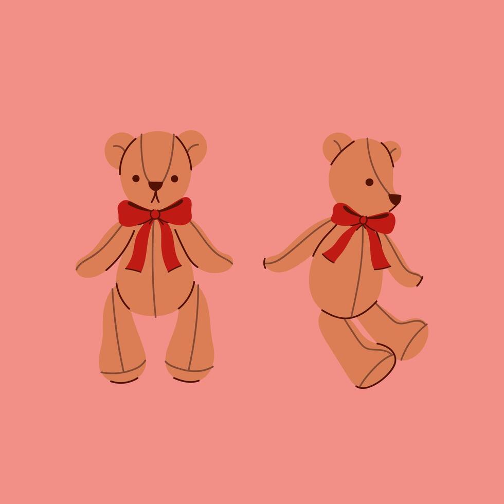 Set of cute toy bears with red bows on their necks. graphics. vector