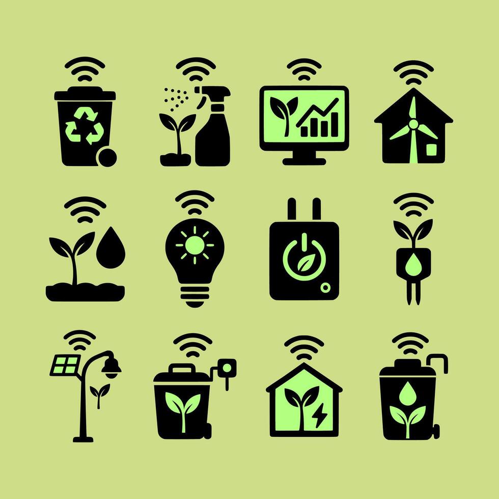 Heartfelt Eco Icons Collection - Smart, Sustainable Living and Renewable Energy Silhouettes for a Greener, Hopeful Future vector