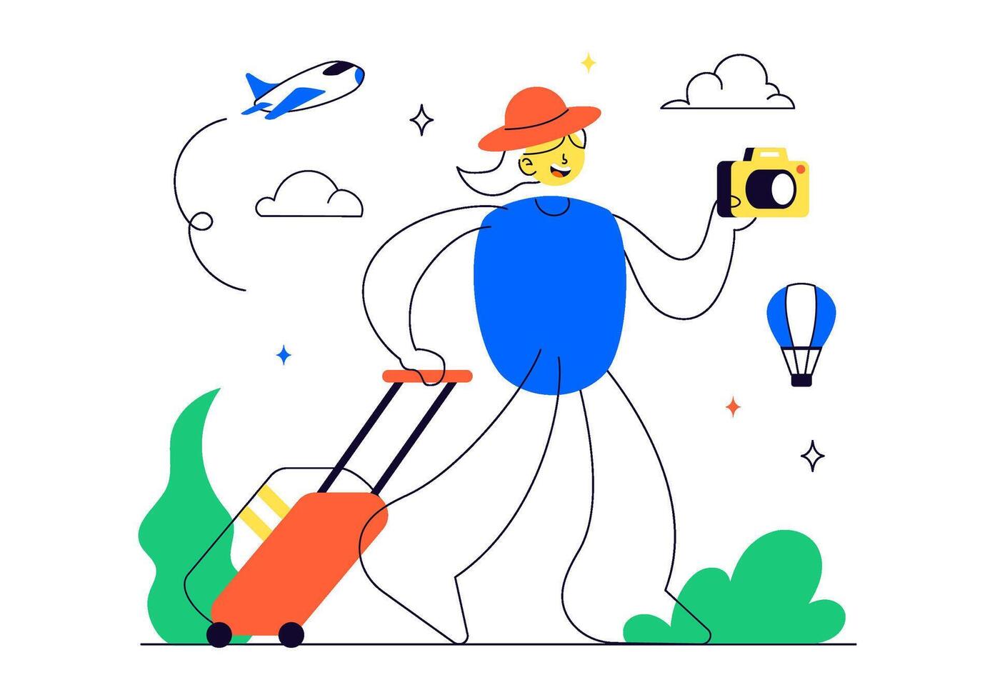 Flat Style Cartoon of a Person Enjoying Solo Travel and Nature Getaway for Peace and Relaxation vector