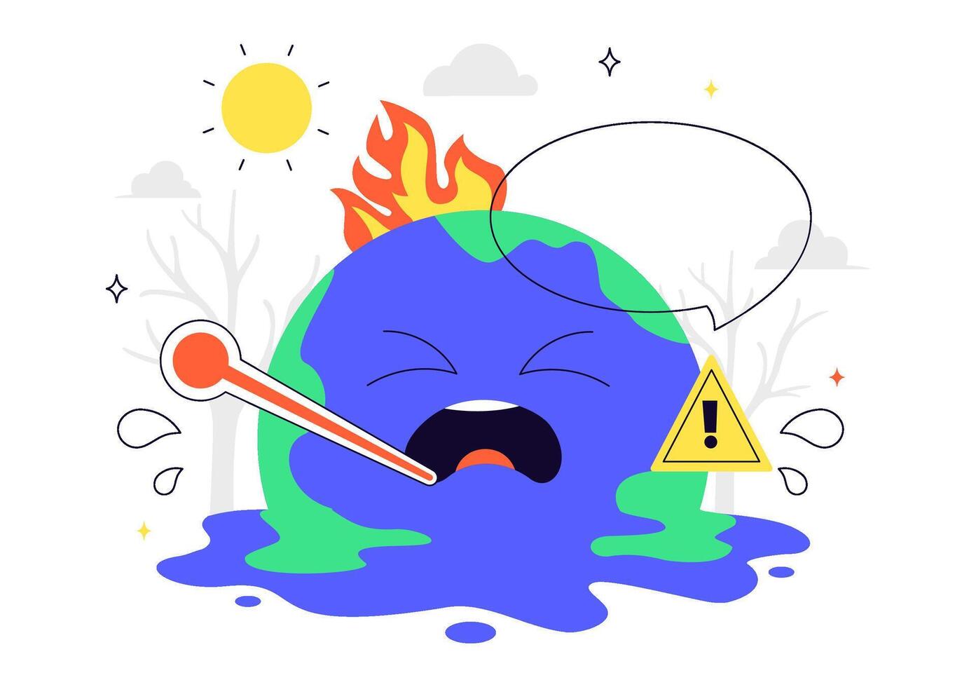 Flat of Global Warming Alert with Red Thermometer and Earth on Fire vector