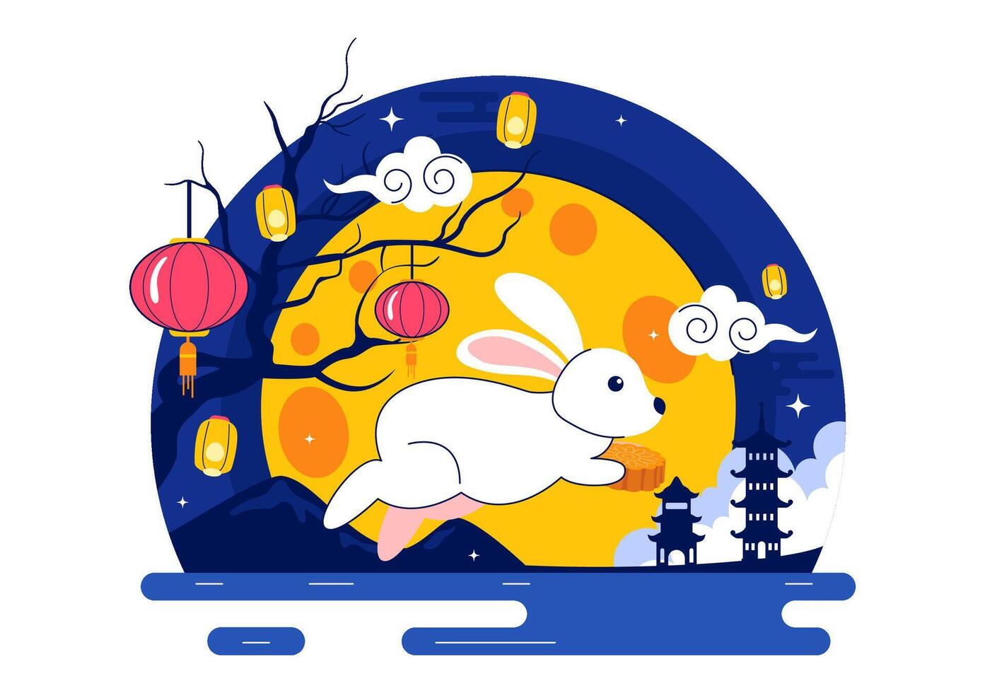 Chinese Moon Festival Night with Rabbits Holding Lanterns and Eating Mooncakes vector