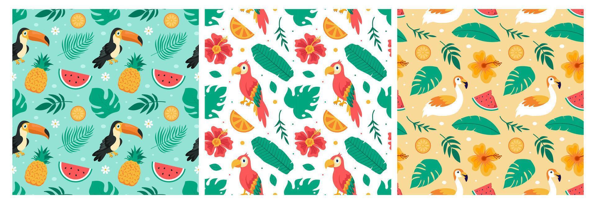 Tropical patterns with birds and fruits vector