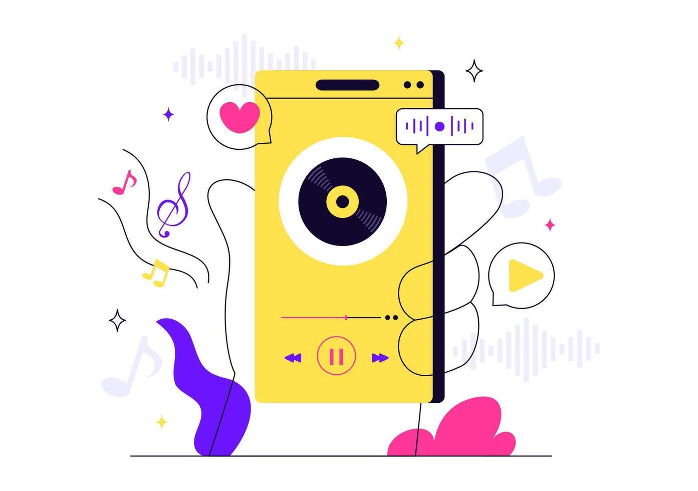 Illustration of Viral Music Hits with Audio Visualization and Flat Waveform vector