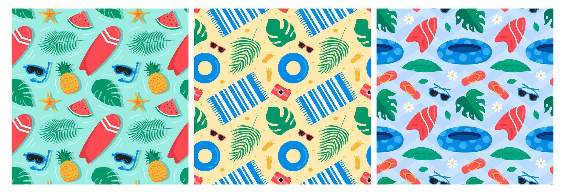 Flat Cartoon Style Seamless Pattern of Seaside Vacation Essentials vector