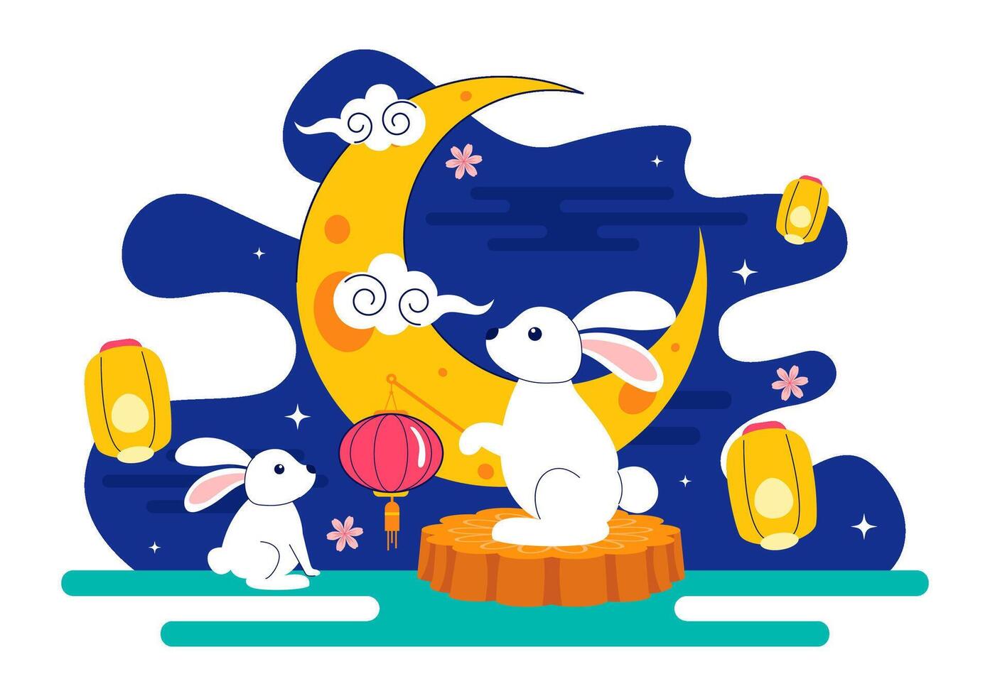 Mid-Autumn Night Celebration with Rabbits Carrying Lanterns and Sharing Mooncakes Art vector