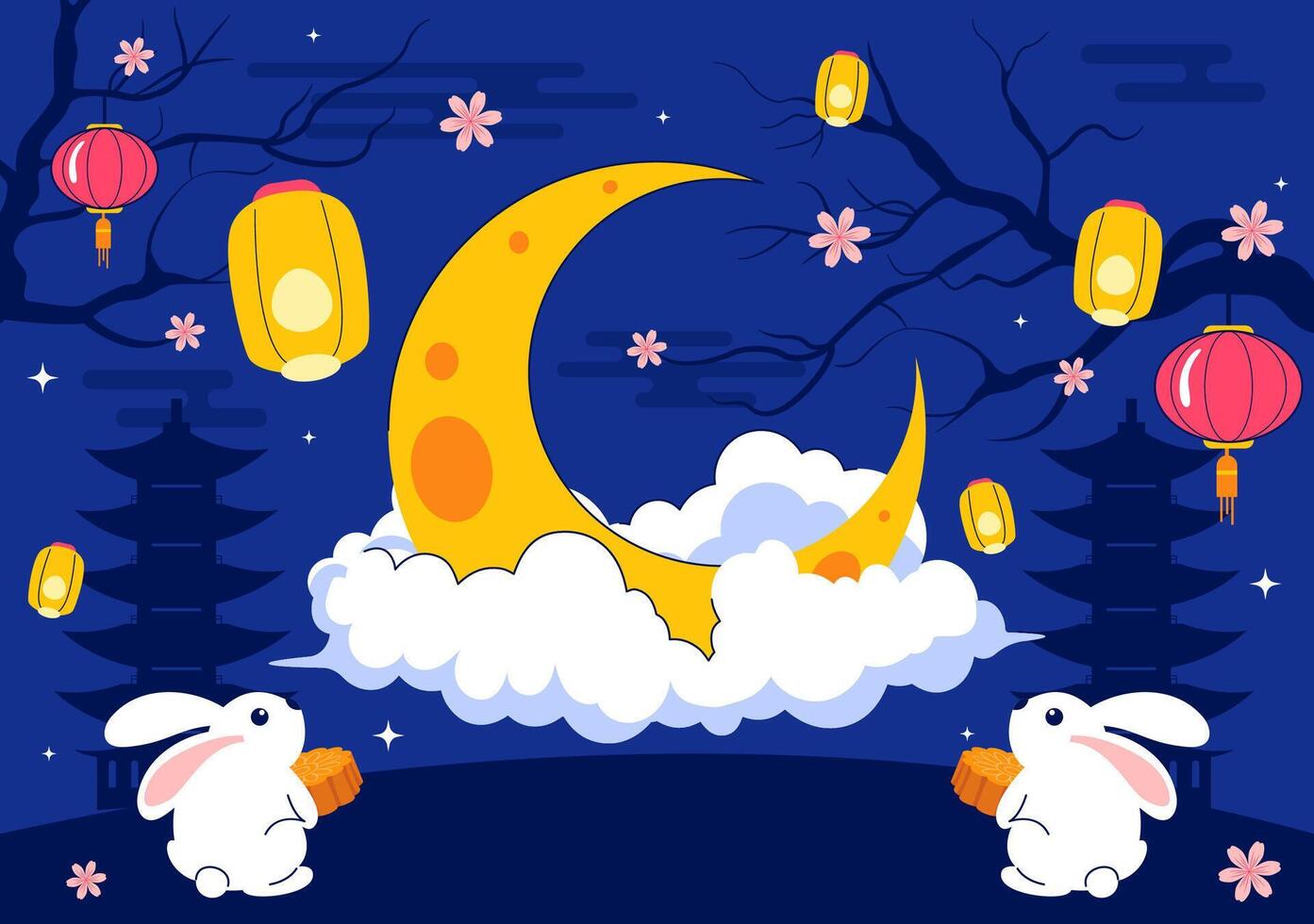 Cute Rabbits Celebrating Mid-Autumn Festival with Lanterns and Mooncakes Illustration vector