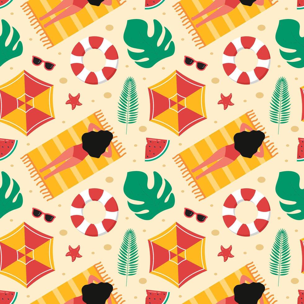 Tropical Beach Theme Seamless Pattern in Cute Flat Cartoon Illustration vector