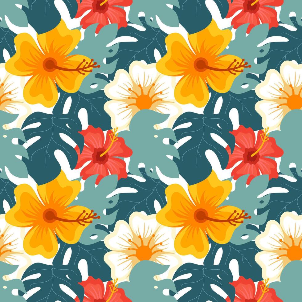 Flat Style Seamless Pattern of Summer Elements like Umbrella, Flip Flops, and Palm Trees vector