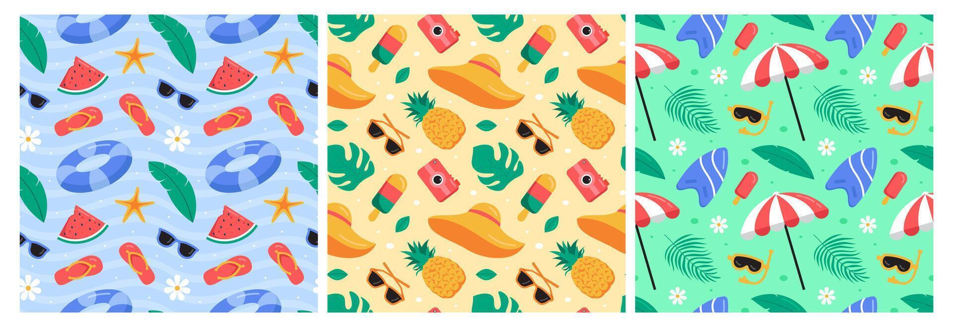 Vibrant Tropical Beach Seamless Pattern in Modern Flat Style vector