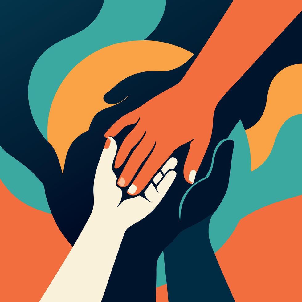 United Hands Illustration in Teal Orange White vector