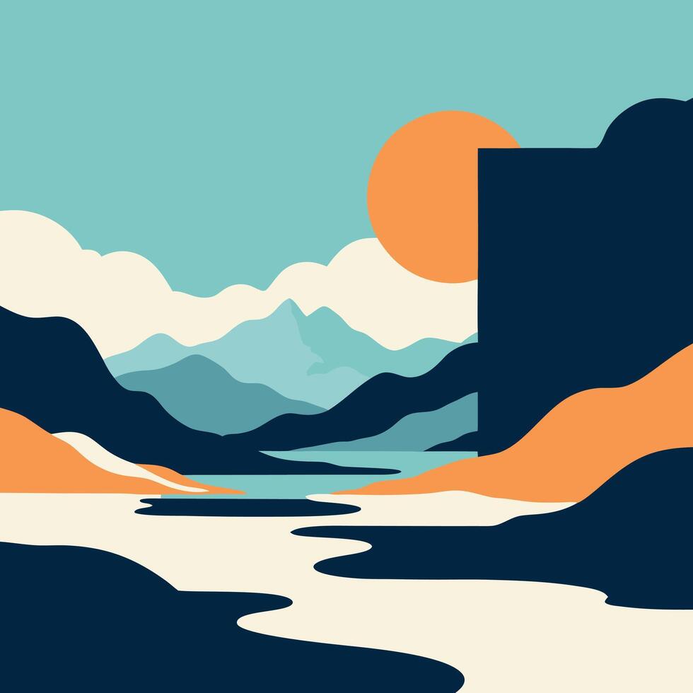 Minimalist Landscape with Mountains River and Sun vector