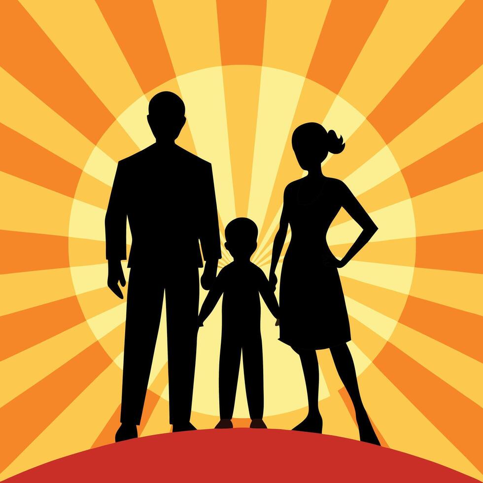 Family Silhouette on a Sunburst Background vector