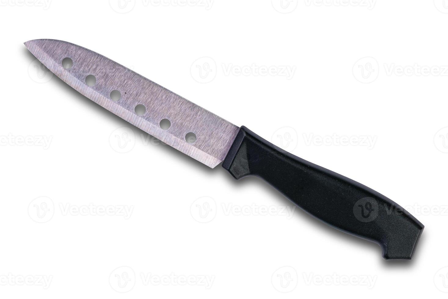 Top view of sharp Kitchen Knife with black handle isolated on white background. photo