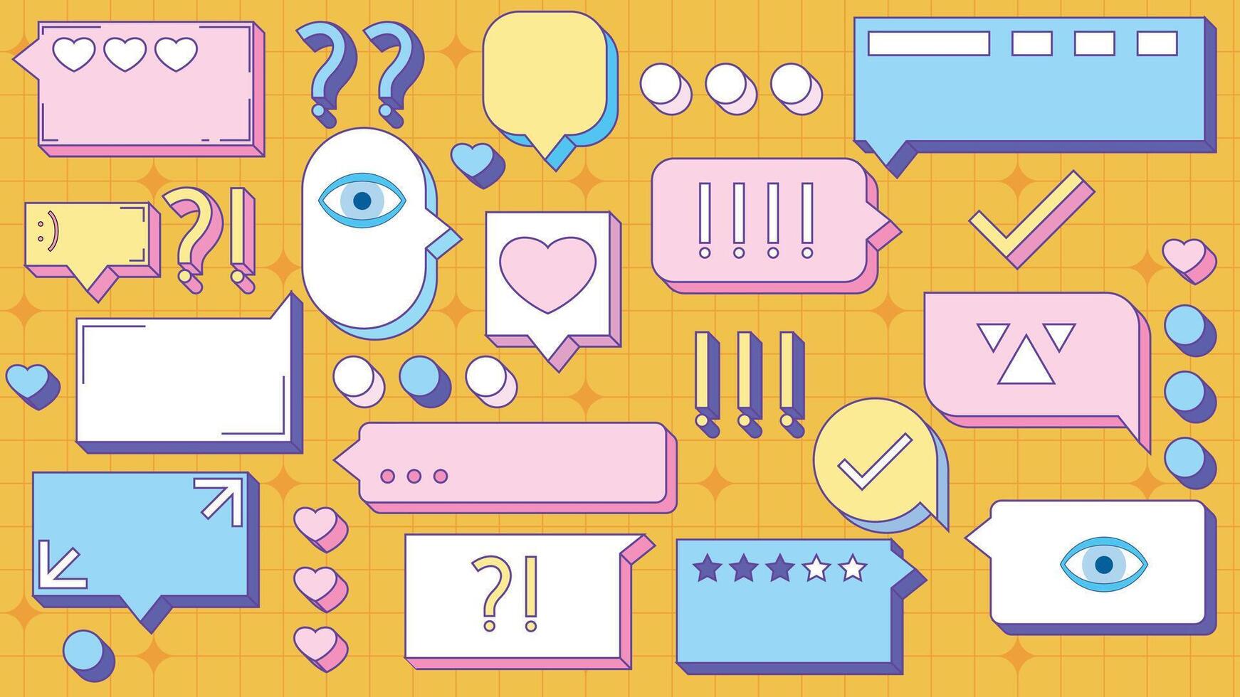 Retro memphis speech bubbles. Talk bubble text, chat box, in retro style with drawing elements on a color background. Stickers emoji and other things. Text block in doodle balloon and message window vector