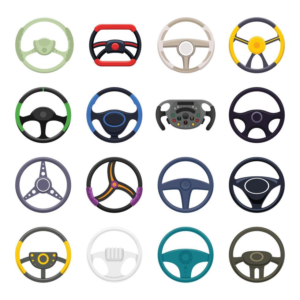 Steering wheel icons set. Cartoon set of steering wheel icons for web design vector