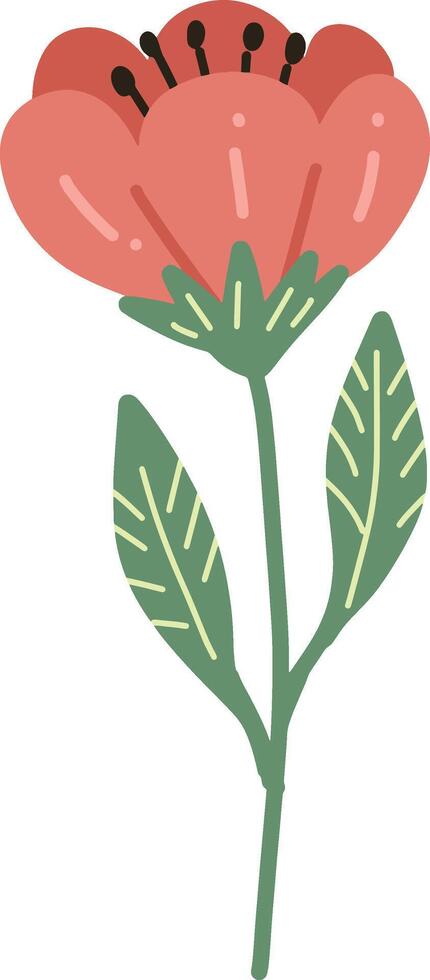 Simple Red Flower Illustration with Green Leaves vector