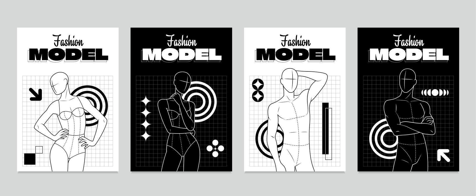 Flat Fashion Model Silhouette Vertical Card Set vector