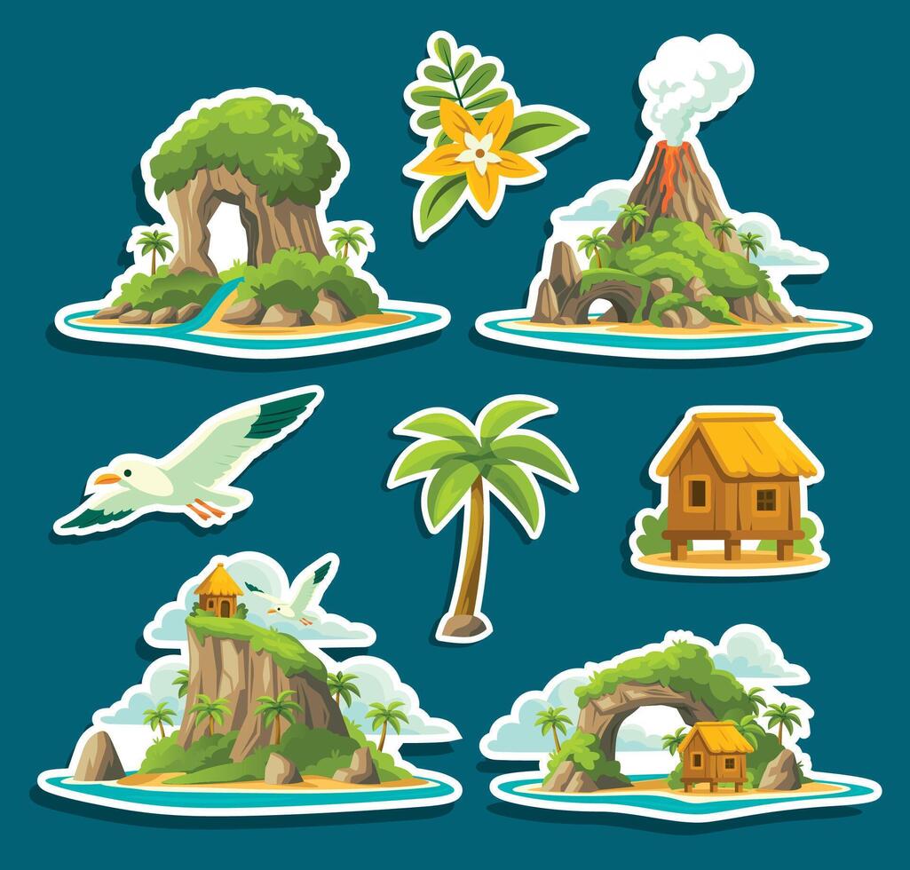 colorful island themed stickers collection vector
