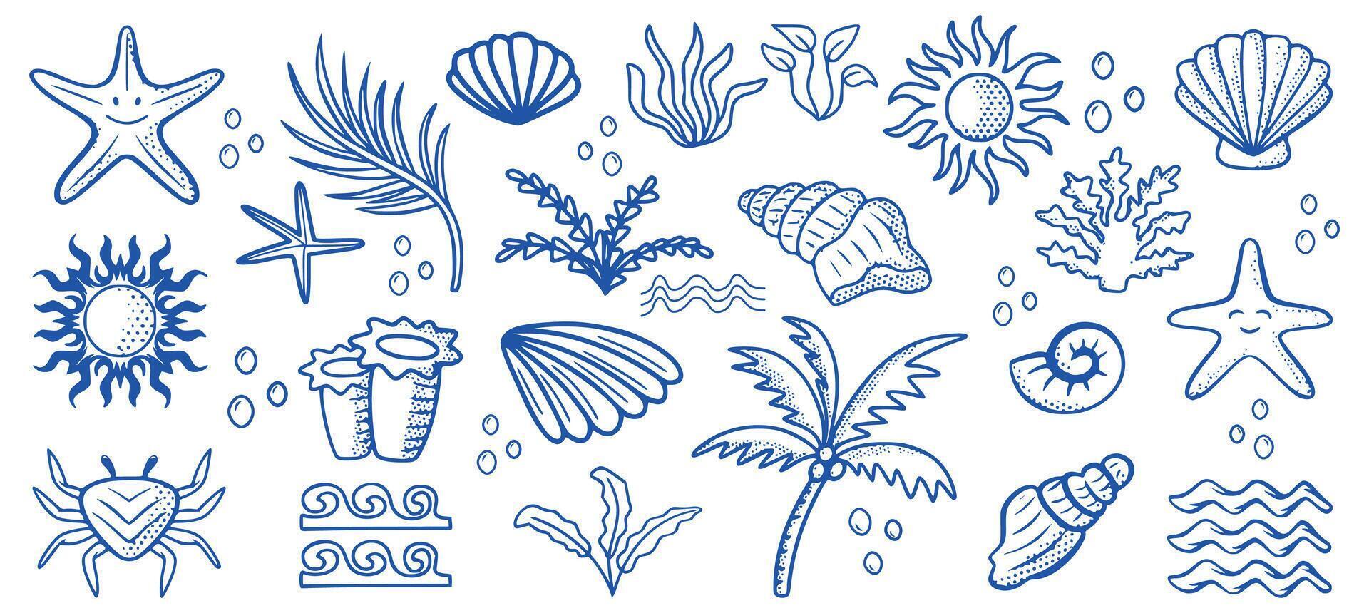 Hand-Drawn Vintage Summer Icons Set. Doodle Sketches of Palm Trees, Sun, Sea, Shells, and Corals for a Coastal Vacation Theme vector
