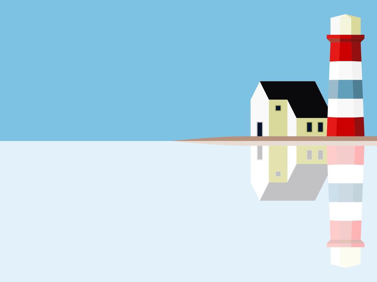 Minimalist illustration of a lighthouse and a small house with their reflections on a calm body of water under a clear blue sky. vector