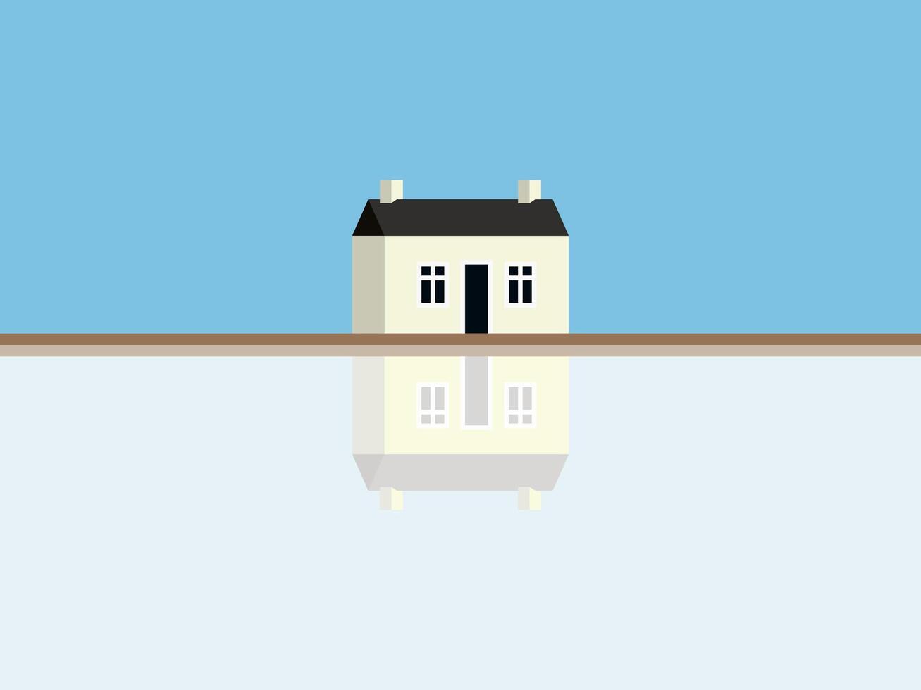 Minimalist House on Greenfield Illustration with Reflection on River. vector
