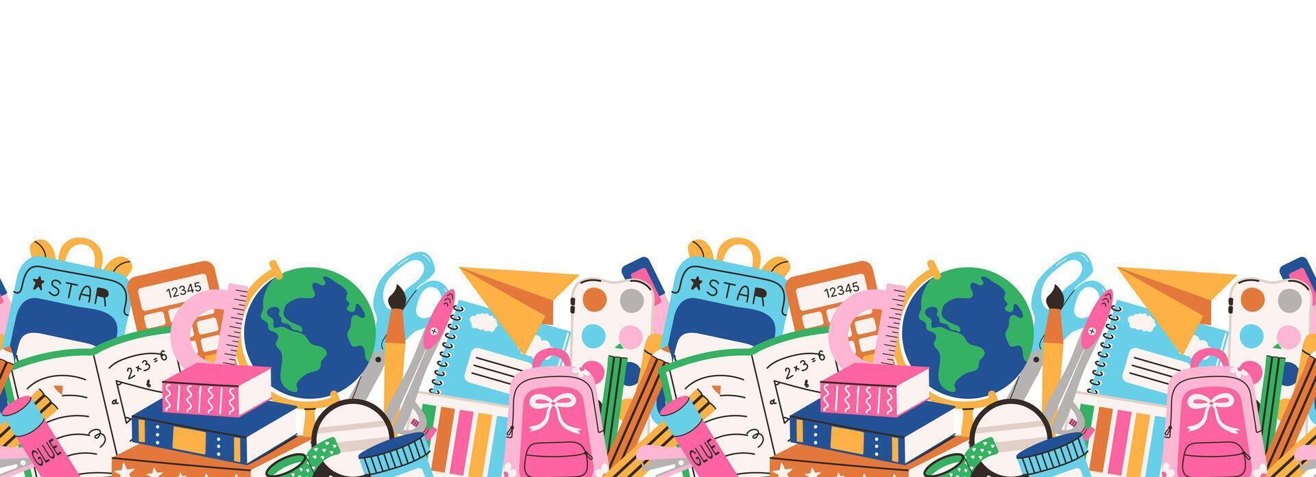 School Supplies Seamless Border. Education endless frame. Study tools pattern in flat style. Notebook, ruler, pencil, globe. backpack. Educational theme for poster banner print. Copy space. vector