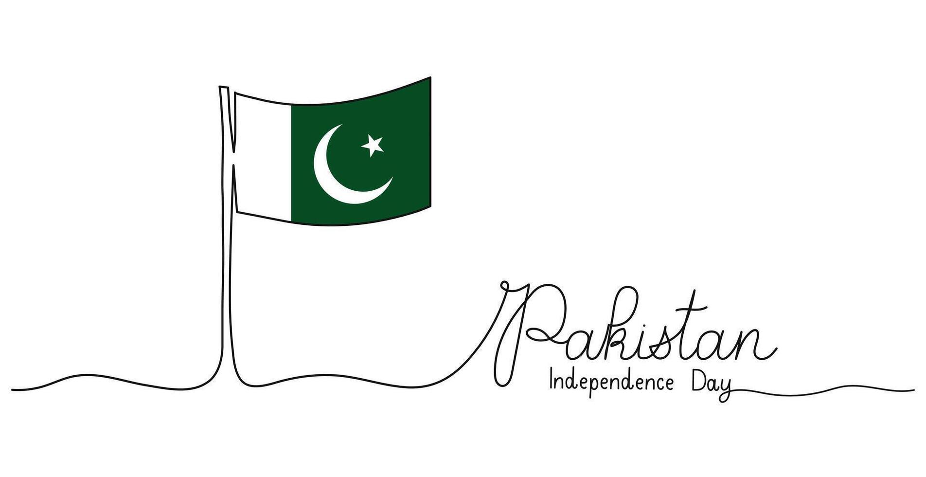 Pakistan Independence Day text banner. Continuous one line art style. Minimalist black drawing. Hand drawn quote with editable stroke. Outline handwritten script with national flag symbol of freedom vector