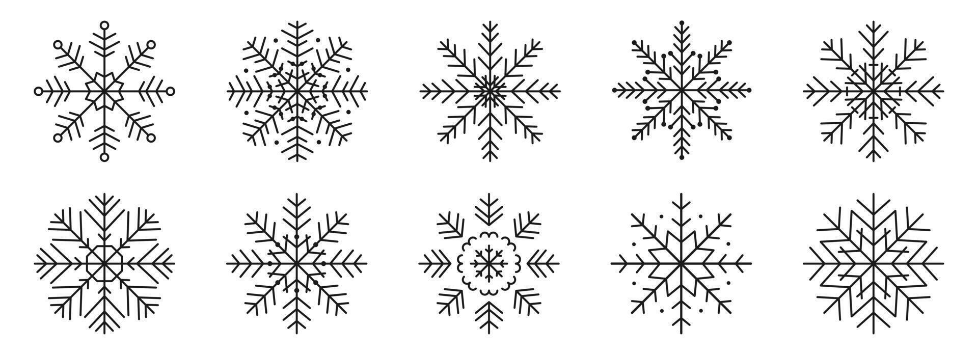 Black Snowflakes line Icon set. Outline Snow element. Winter simple geometric Snowflake collection. Flat style. Christmas, new year decoration with editable stroke for banner, poster, greeting card. vector