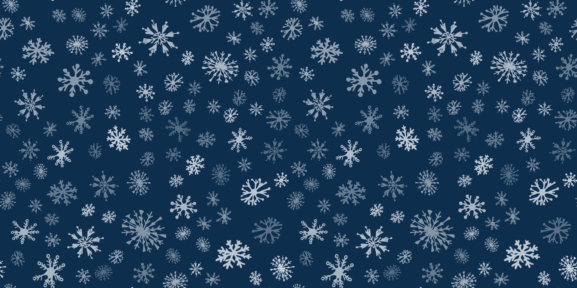 Snow Seamless Pattern. Winter hand drawn snowflakes endless background. New Year and Christmas holiday banner poster card print wrapping paper. Snowfall on dark blue night backdrop. Flat style. vector