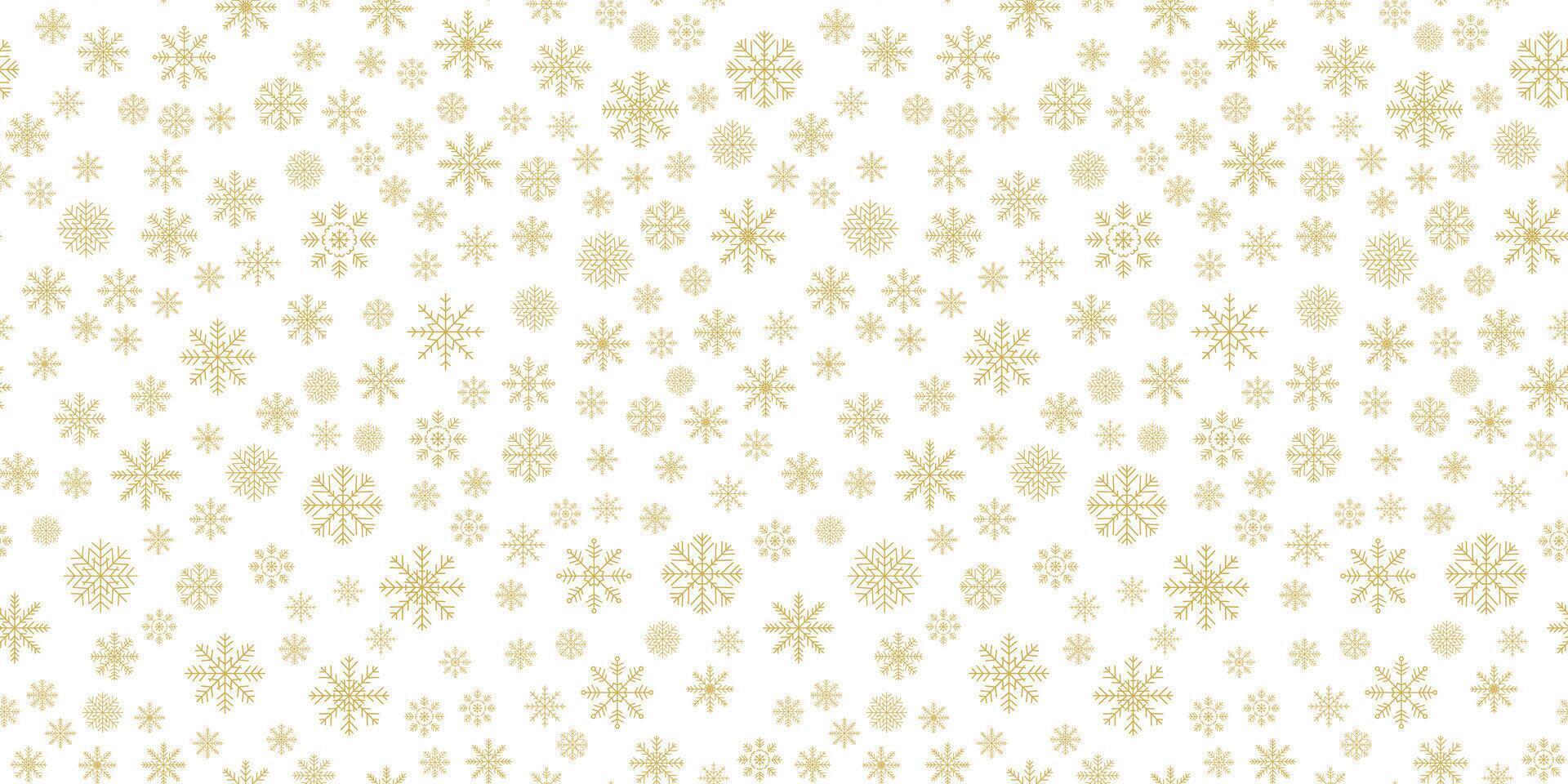 Gold Snowflakes seamless pattern. Yellow geometric simple snow flake endless design for poster banner print wrapping paper gift. Merry Christmas and New Year snowfall on white background. Flat style. vector